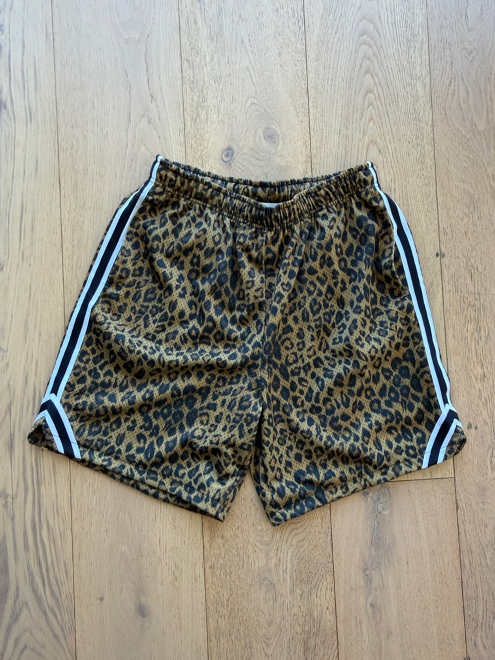 John Elliott Leopard Print Athletic Shorts with Black & White Side Stripes
